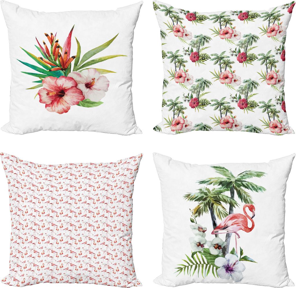 ABAKUHAUS hawaiisch Dekokissen Kissenbezug 4er Pack, Hibiscus Flamingo Palms, Modern Accent Doppelseitiger Digitaldruck, 40 x 40 cm, Rosa-Grün-Weiß