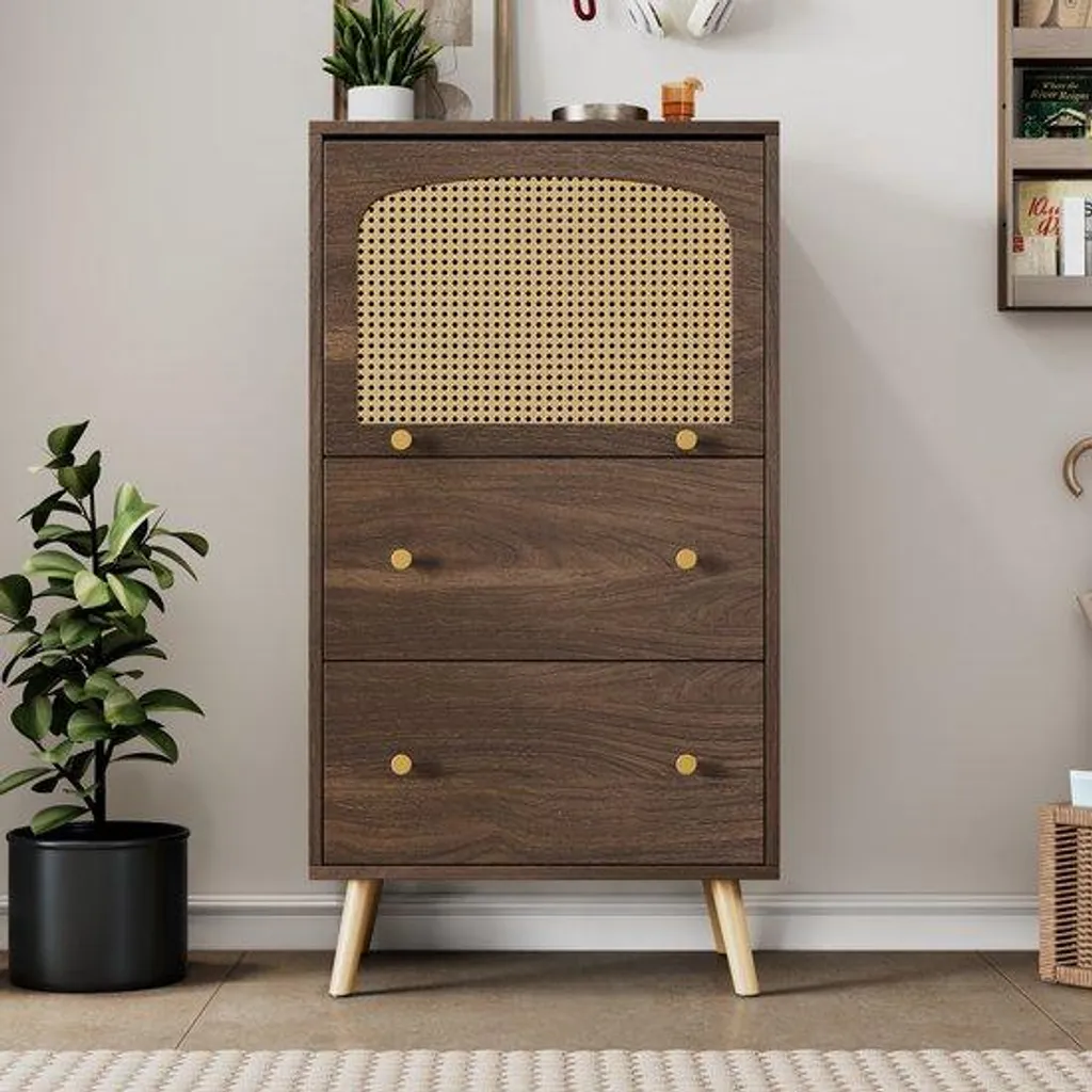 Meuble de rangement en rotin et bois avec portes coulissantes - 113cm