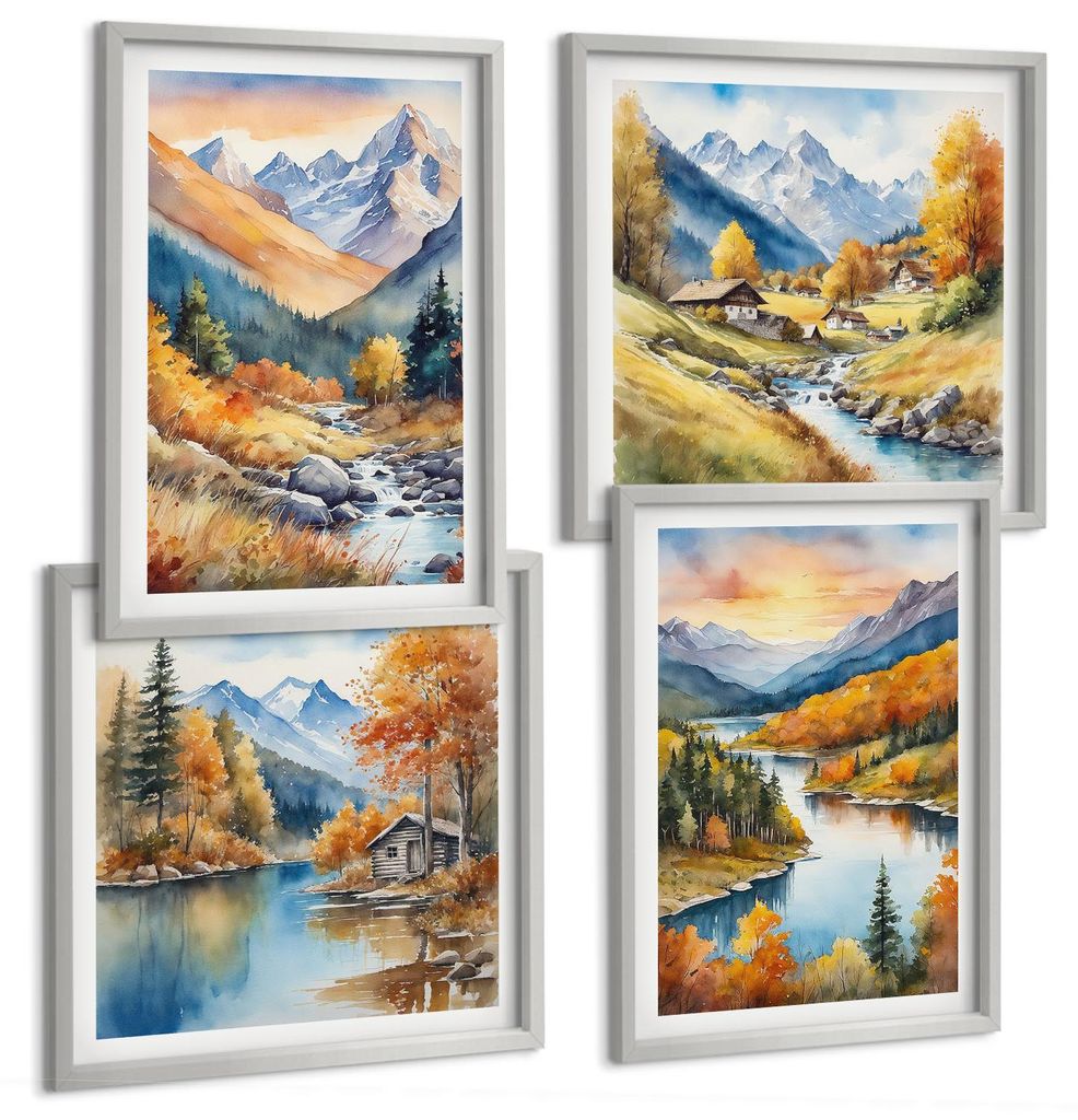 Bilder Set 4-teilig im silbergerahmten Rahmen – Wandbilder 4 Stück – gerahmte Poster für Wohnzimmer, Schlafzimmer und Flur – 50x50 cm - 40x...