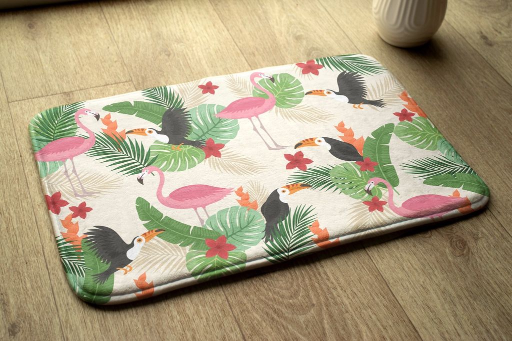 Badteppich Saugfähige - Badezimmer Teppich - Rutschfester Badvorleger Badematte - 90x60 cm - Vögel Flamingos