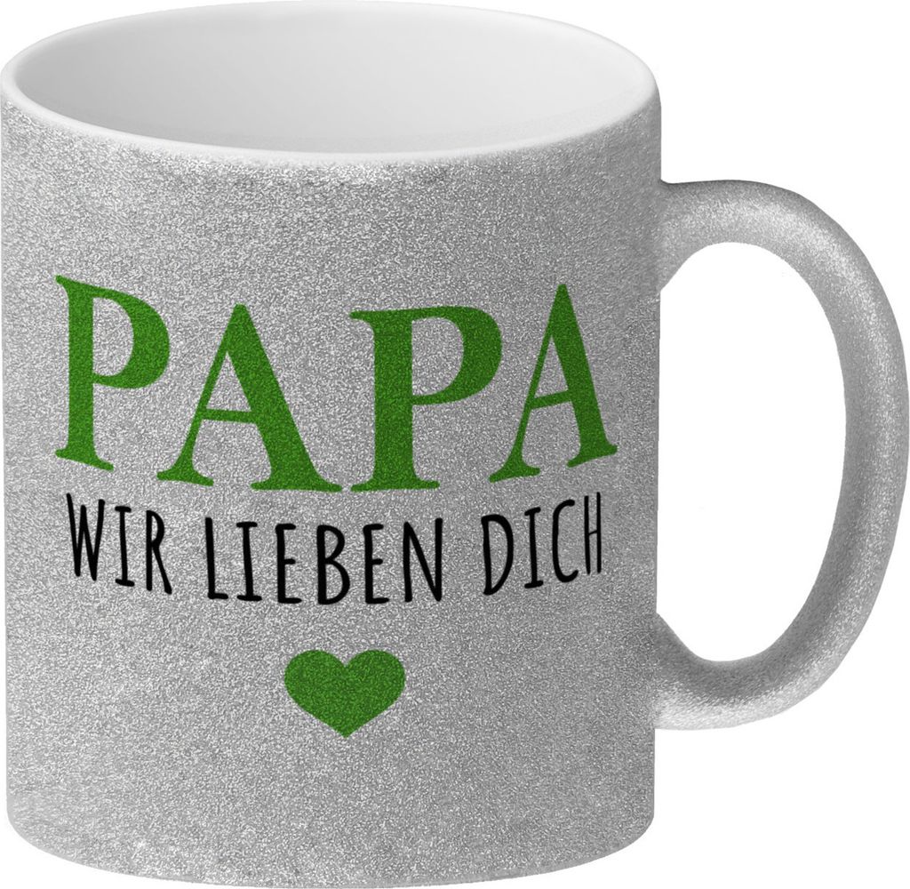Papa wir lieben dich Glitzer-Kaffeebecher in grün mit Herz