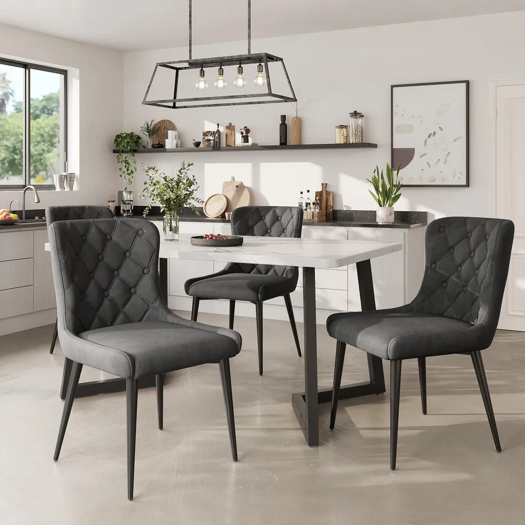 Chaise de Cuisine Rembourrée en Velours et Pieds Métal Noir - Lot de 4