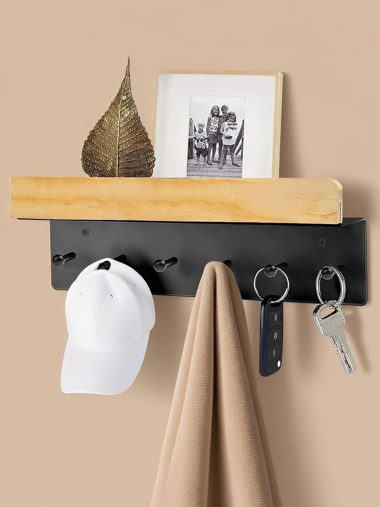 35 cm Schlüsselbrett mit Ablage und 6 Haken – Wand-Schlüsselhalter aus Metall und Holz – Wandorganizer für Flur, Eingangsbereich, Küche, Kl...