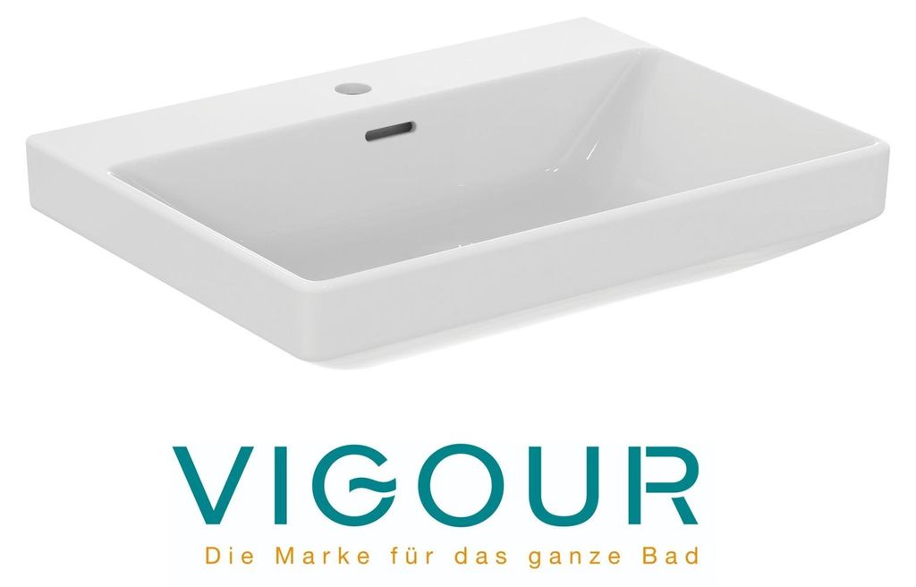 VIGOUR DERBY V3 Edge Waschtisch 65x48cm mit Überlauf mittigem Hahnloch PflegetectPLUS, weiß