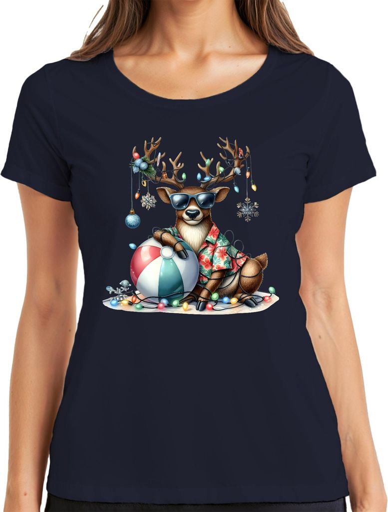 Weihnachtsrentier Sonnenbrille Hawaiihemd Strandball Lichterkette Damen T-Shirt, Navy, L