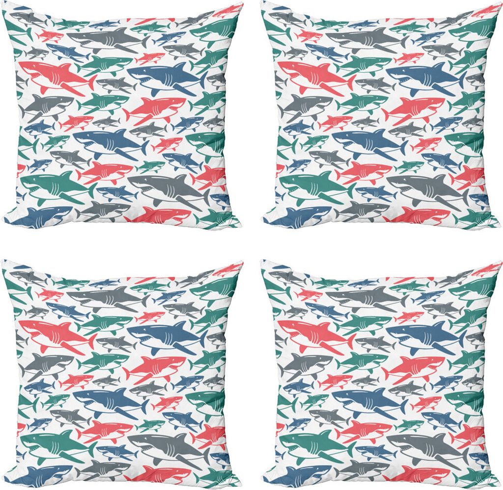 ABAKUHAUS Hai Kissenbezug Set (4 Stück), Bunte Shark Patterns, Moderner Doppelseitiger Digitaldruck, 45 cm x 45 cm, Mehrfarbig