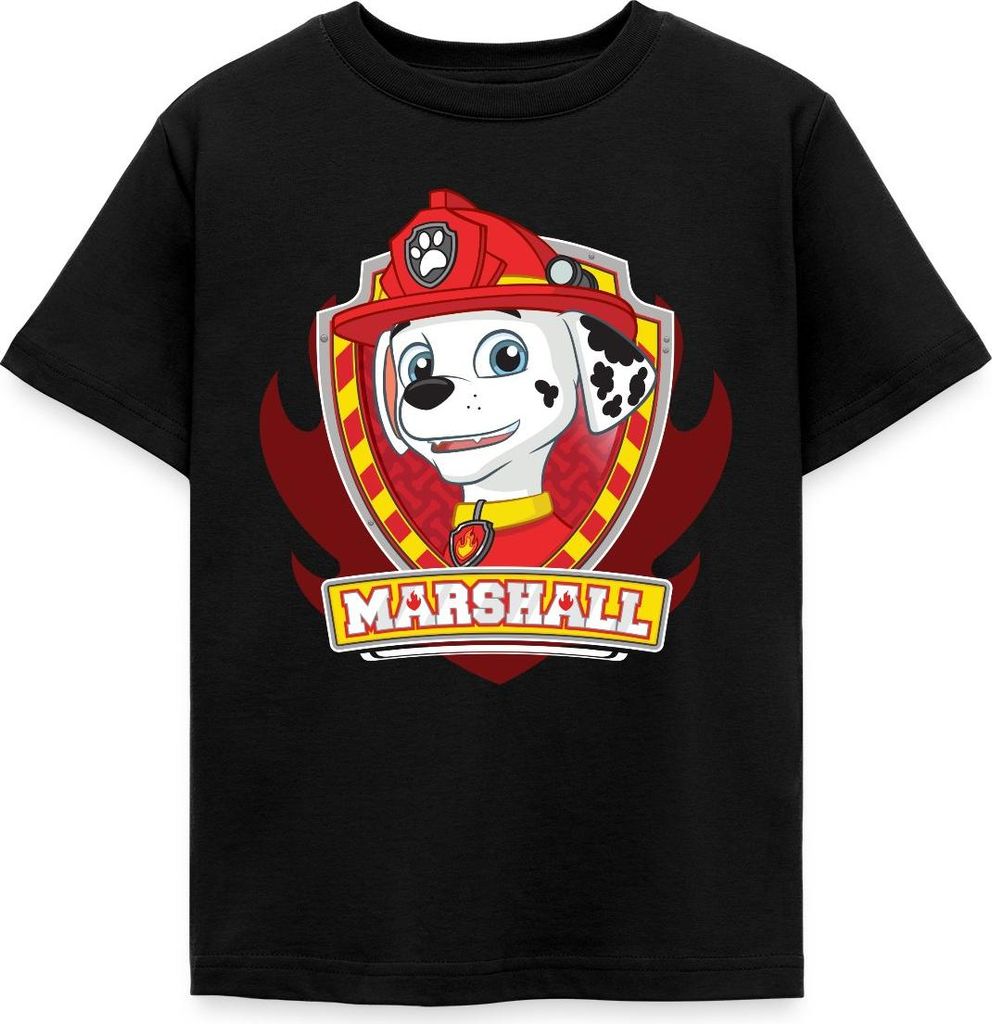 Spreadshirt Paw Patrol Marshall Feuerwehrhund Feuerwehr Emblem Kinder T-Shirt, 110/116 (5-6 Jahre), Schwarz