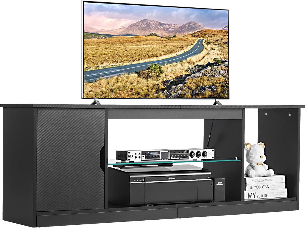 VEVOR TV-Ständer für Fernseher bis zu 65 Zoll, TV Tisch mit Lichtleiste, TV-Schrank aus Holz mit Glasablage & verstellbaren Regalen, Konsolentisc...