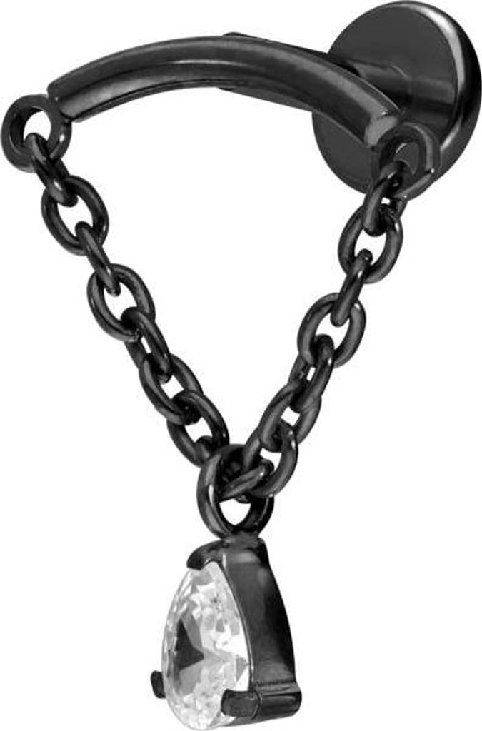 Ohrpiercing, Nasenpiercing Titan Labret mit Innengewinde BOGEN + KETTE + KRISTALLTROPFEN Schwarz Stablänge: 8mm | Stabstärke: 1,2mm