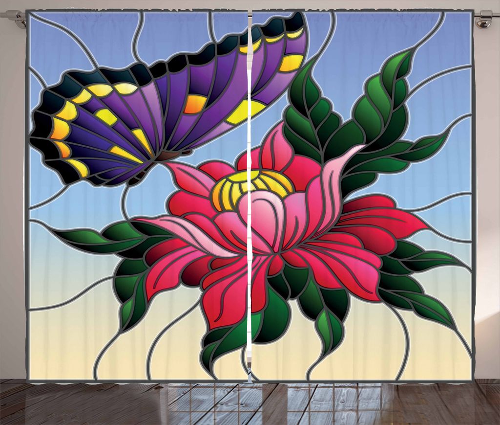 ABAKUHAUS Aster Rustikaler Gardine, Buntglas-Schmetterling, Schlafzimmer Kräuselband Vorhang mit Schlaufen und Haken, 280 x 175 cm, Mehrfarbig
