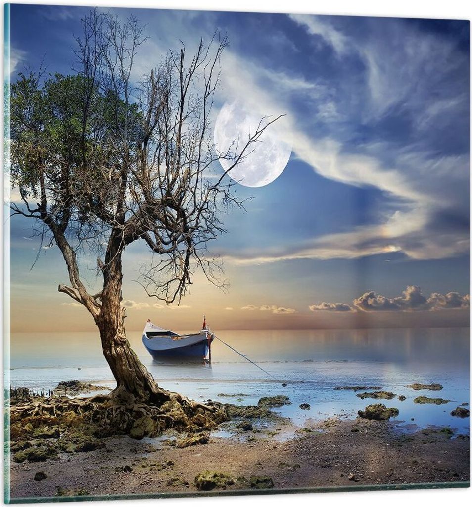 Bilder auf glas - Nacht Mond Boot - 60x60cm - Glasbilder - Wandbilder - Kunstdruck - zum Aufhängen bereit - Wanddekoration aus Glas - Glas Bilder ...