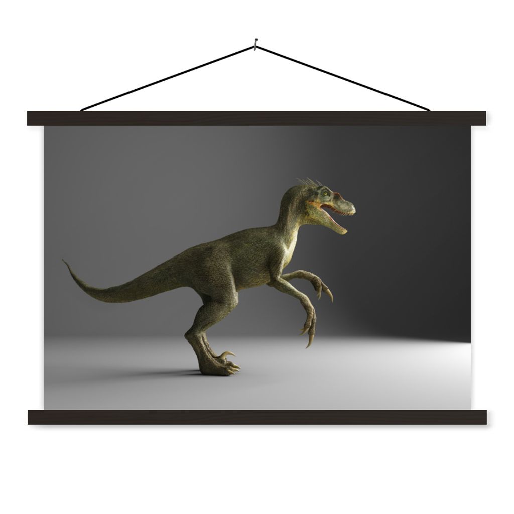 MuchoWow Textilposter Velociraptor - Dinosaurier - Grau 150x100 cm mit schwarzem Rahmen - Schlafzimmer