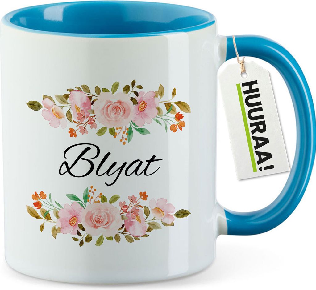 Huuraa Kaffeetasse Blyat russisch Blumen 330ml Blau Keramik Kaffeebecher Geschenkidee