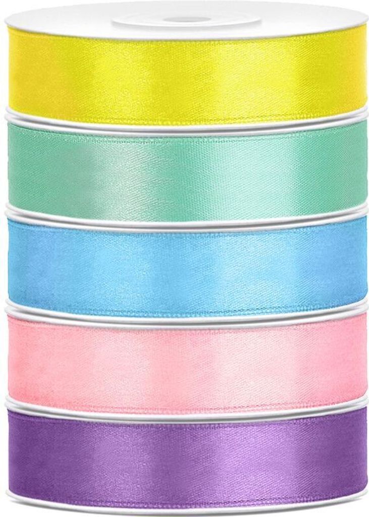 Satin Geschenkband 12mm 5 Farben je 25m lang pastell gelb mit hellblau rosa lavendel Schleifenband Geschenkverpackung Geburtstag Hochzeit Weihnacht...