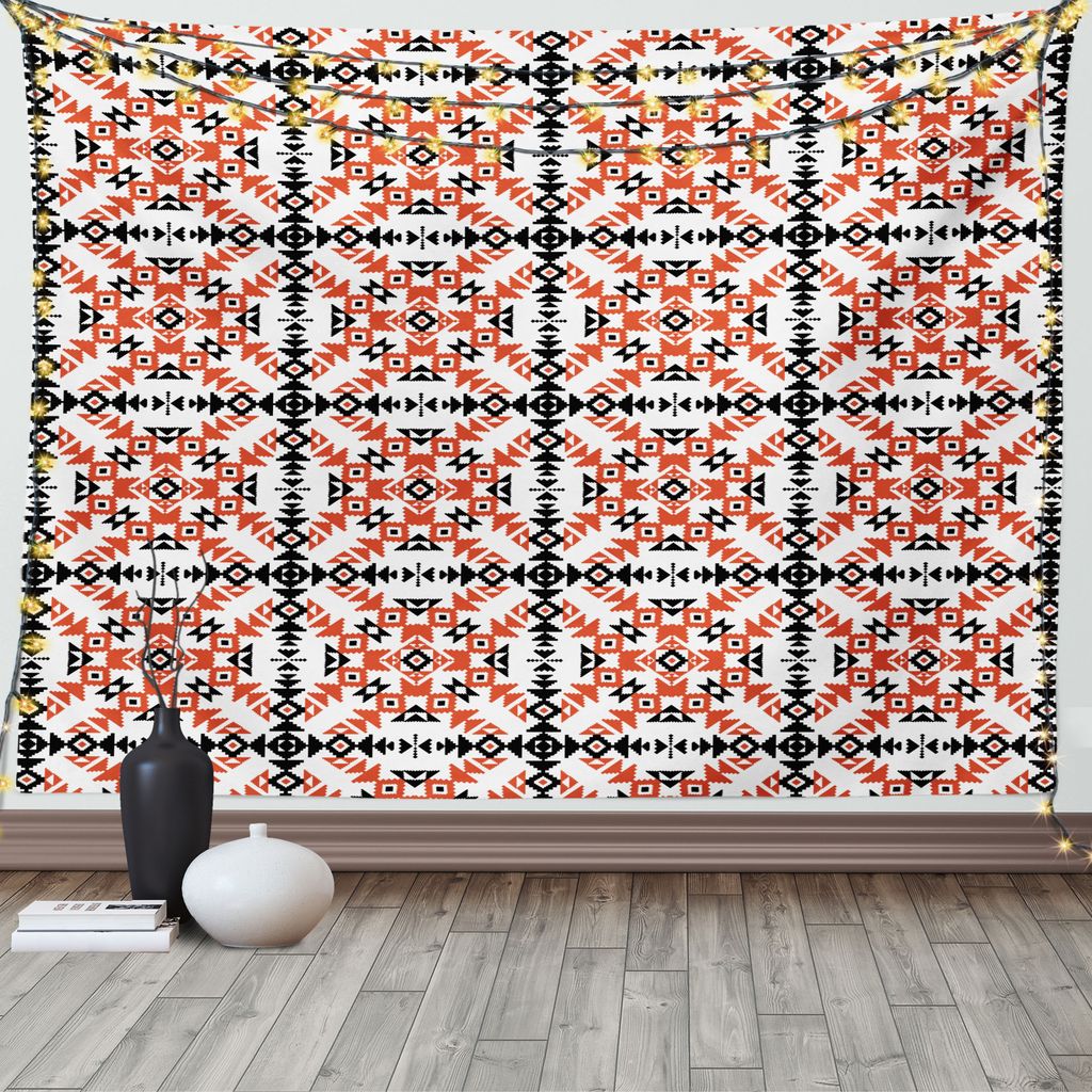 ABAKUHAUS altertümlich Wandteppich, Aztec Tribal, Wohnzimmer Schlafzimmer Wandtuch Seidiges Satin Wandteppich, 150 x 100 cm, Orange Schwarz Weiß