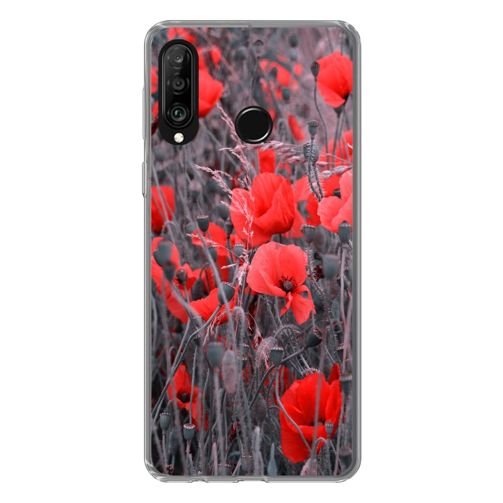 MuchoWow Handyhülle Schutzhülle Hülle für Huawei P30 Lite Rote Mohnblumen in einem Schwarz-Weiß-Bild Silikon Softcase Handy Hülle - Handyh...