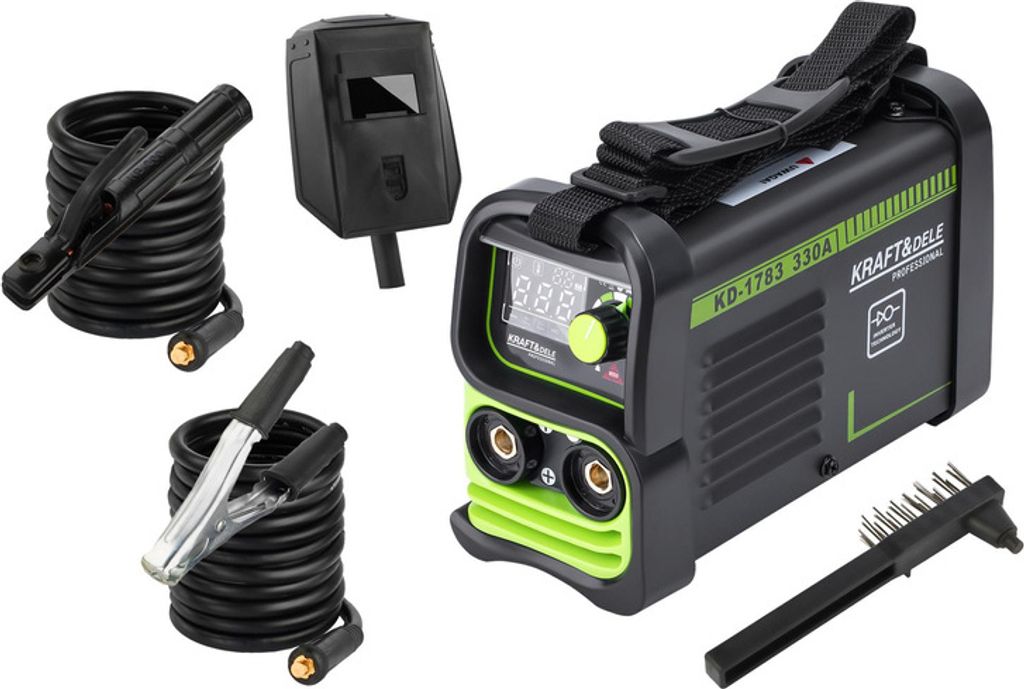 A welding machine and its accessories are laid out on a white background.