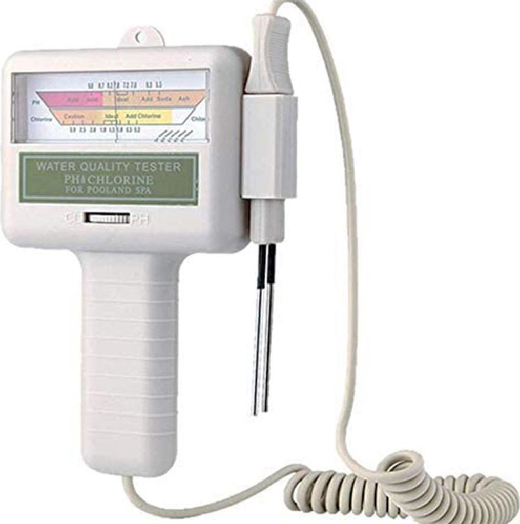 A white water quality tester for swimming pools and spas, with a coiled cord and two probes.