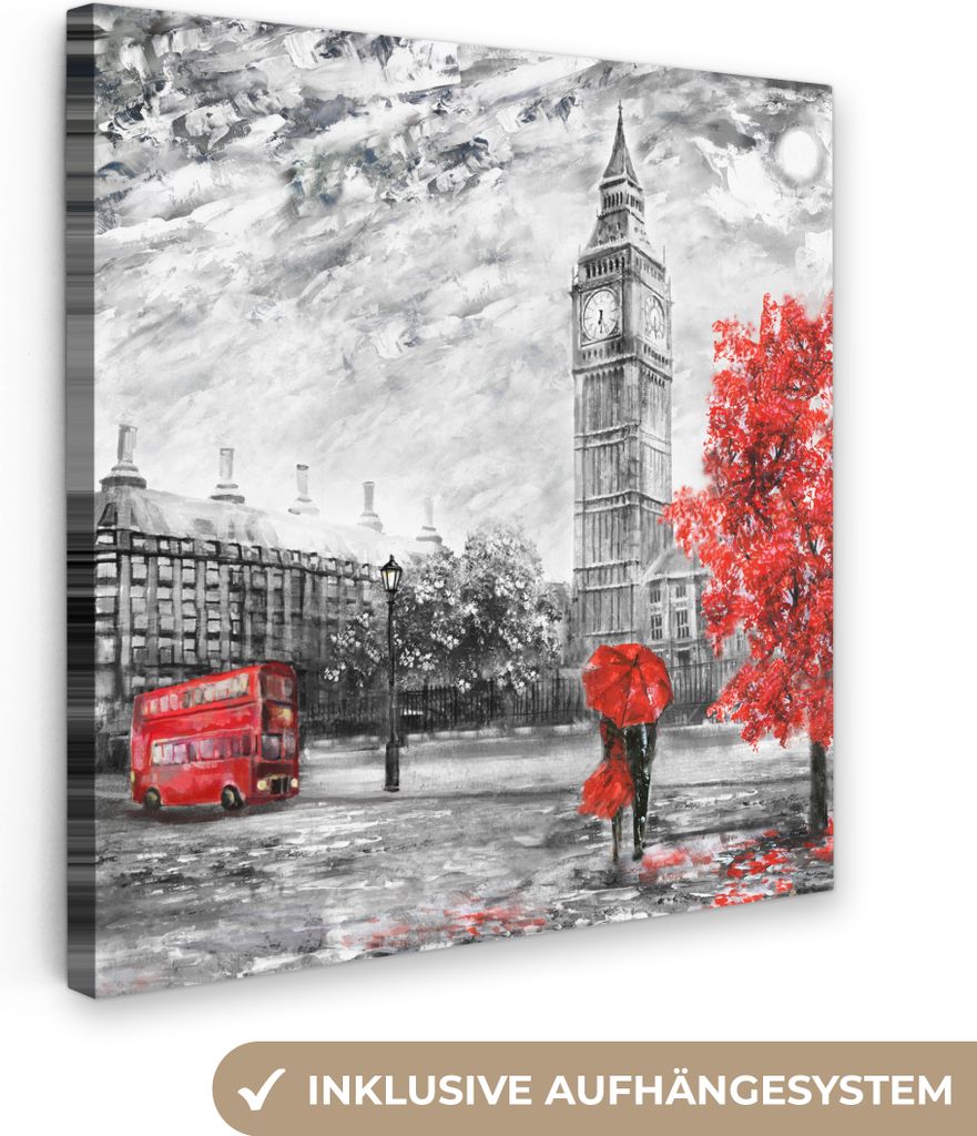MuchoWow - Leinwandbilder - Gemälde - Big Ben - Rot - Regenschirm, Wandbild, Wanddeko Bilder Wohnzimmer, 90x90 cm