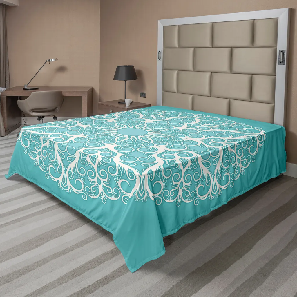 ABAKUHAUS Lenzuolo turchese, motivo a rami di alberi sinuosi e cerchi infiniti, disegno floreale simmetrico, lenzuolo morbido e confortevole per un letto decorativo, 1 pezzo, 266 cm x 260 cm, bianco