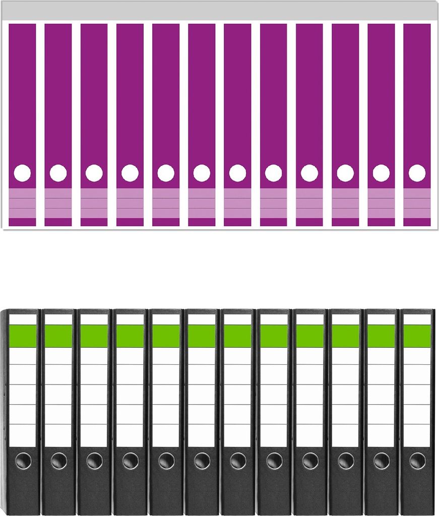 Wallario 12 Stück schmale Ordner inkl. Klebeetiketten mit Motive Lila - Set mit Rückenschildern / Ordnerrücken Stickern