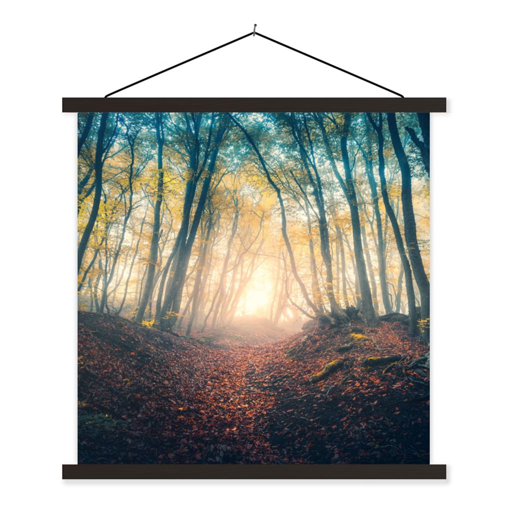 MuchoWow Textilposter Wald - Nebel - Sonne - Herbst 60x60 cm mit schwarzem Rahmen - Posteraufhänger