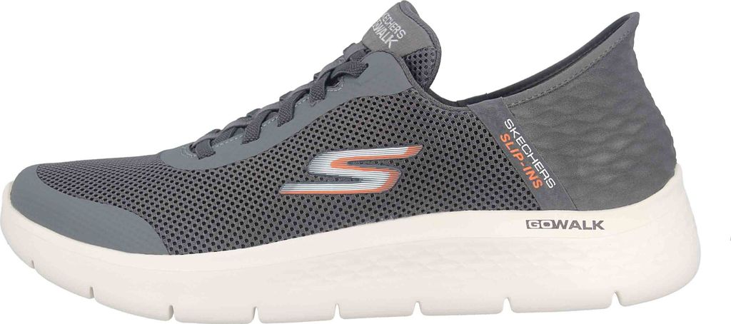 A side view of a gray Skechers slip-on sneaker.