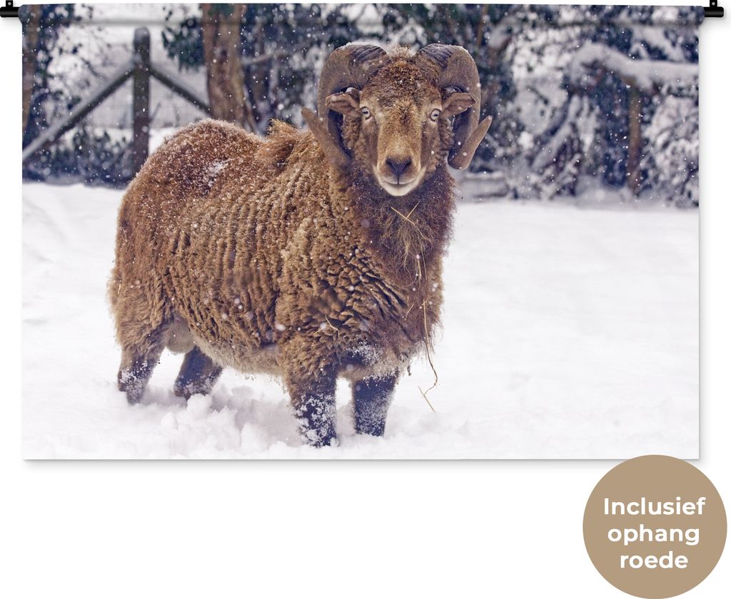 MuchoWow Wandteppich Wandbehang Widder - Braun - Schnee 120x80 cm Tapisserie Dekoration Wandtuch - Wanddekorationen - Wandtücher