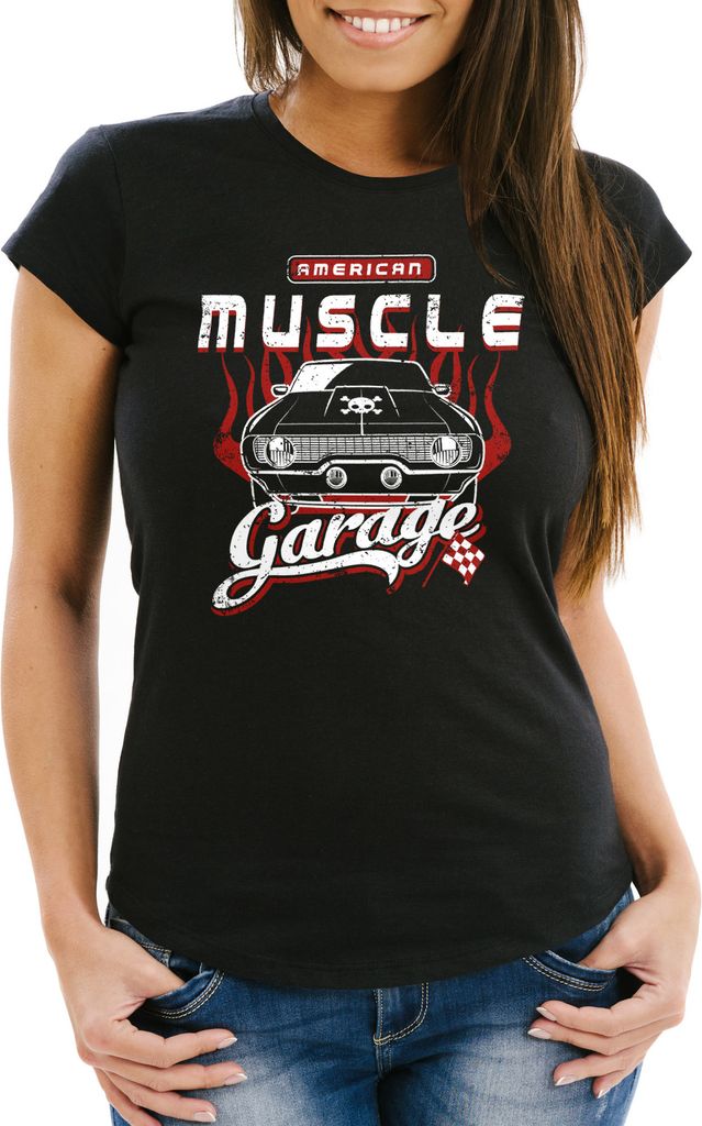 Damen T-Shirt American Muscle Car Vintage Shirt Retro Auto Slim Fit Neverless schwarz M