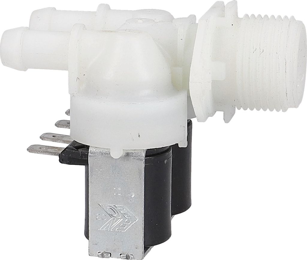 A close-up studio shot of a white and black solenoid valve.