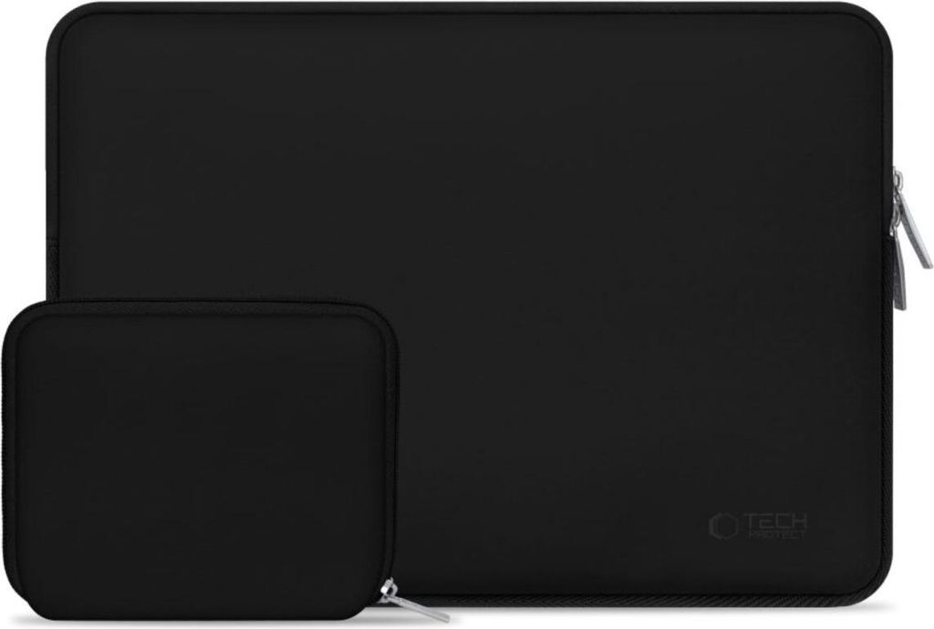 A black laptop sleeve and a small black accessory pouch are shown against a white background.