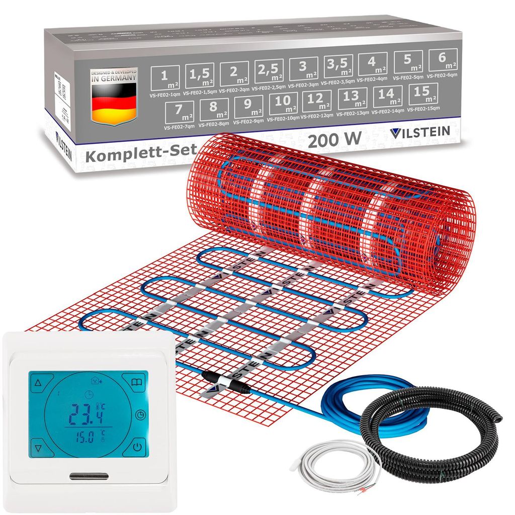 VILSTEIN Elektrische Fußbodenheizung 200W - Komplett-Set - Für nahezu alle Bodenbeläge | 1m² - 2m