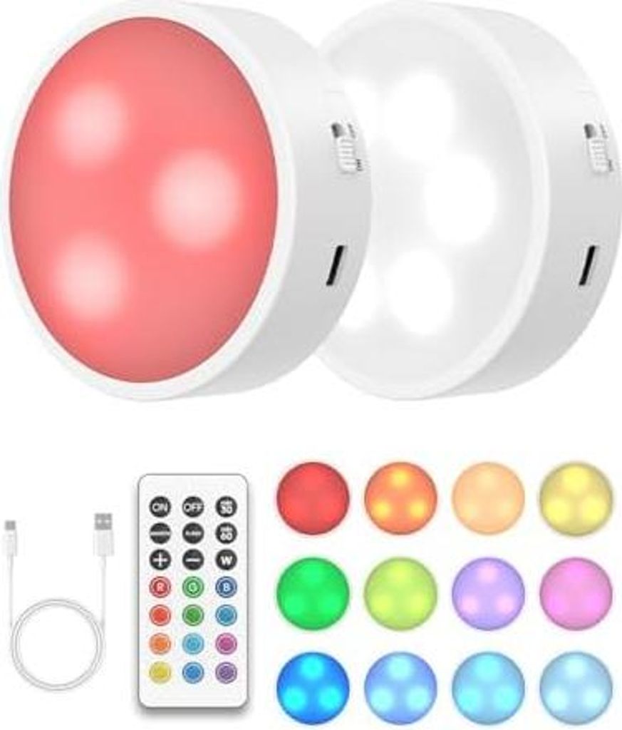 Kabellose Schrankbeleuchtung - Aufladbare 3 RGBW Puck Lights mit Fernbedienung Timer - 13 Farben Dimmbare LED Unterbauleuchten -Magnetisch Akku Sch...