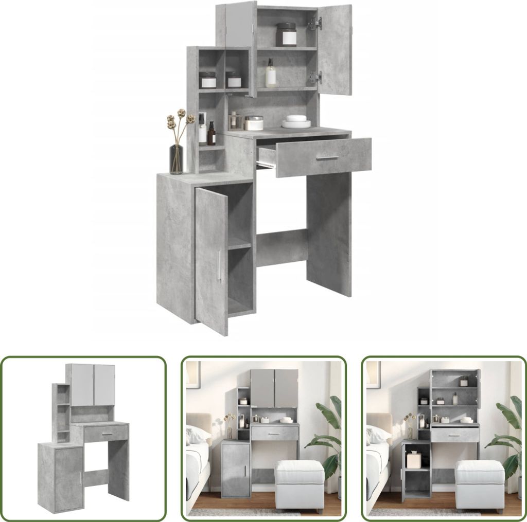 The Living Store Schminktisch mit Schrank Betongrau 80x35x132 cm