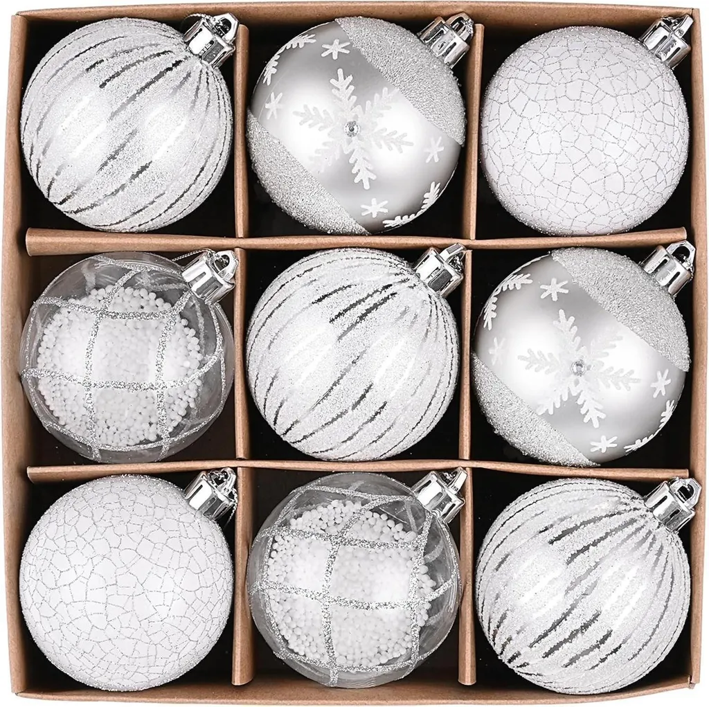 Boules de Noël argentées et blanches, lot de 9 suspensions de 60 mm