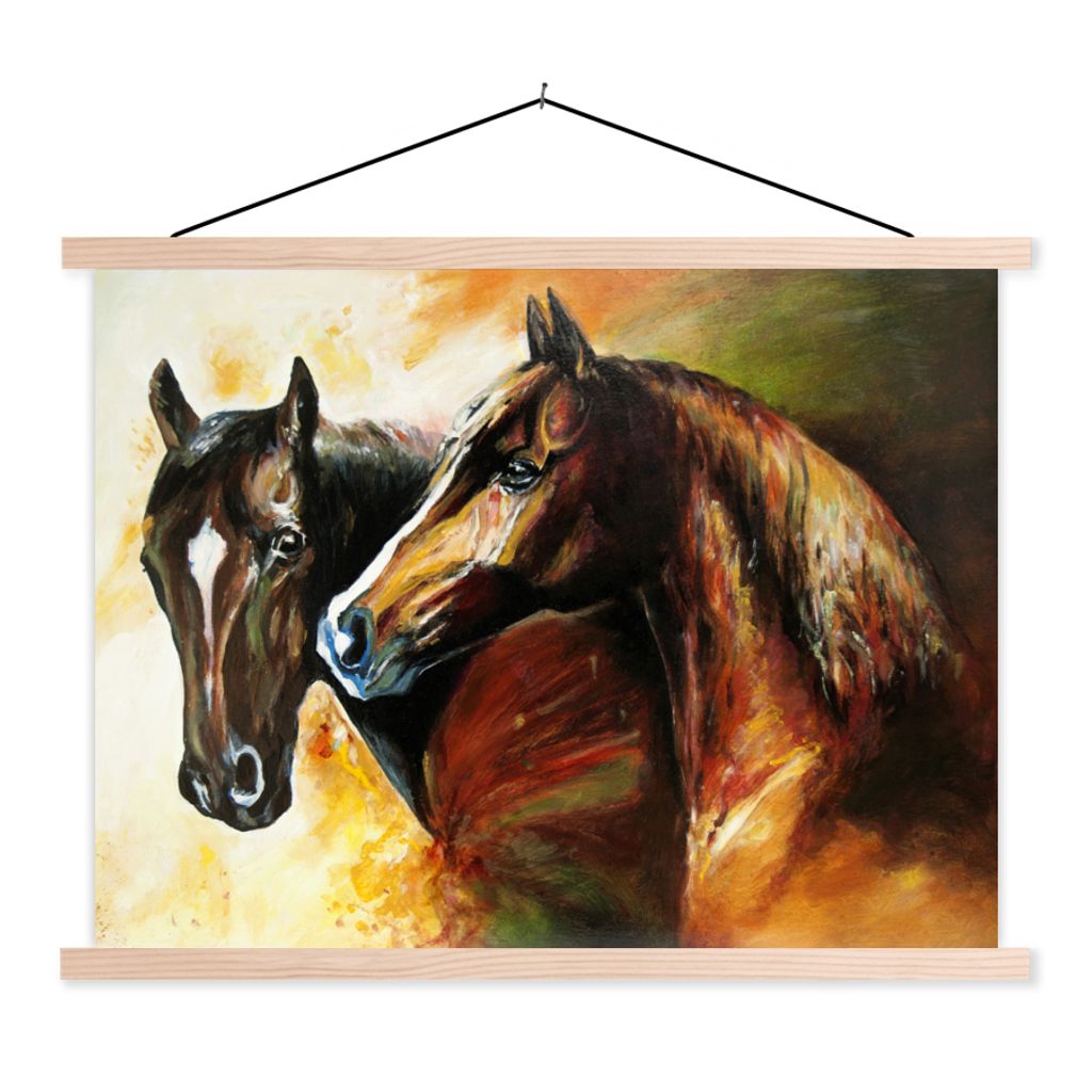 MuchoWow Textilposter Malerei - Pferde - Tiere - Ölgemälde 60x45 cm mit holzfarbenen Rahmen - Bild