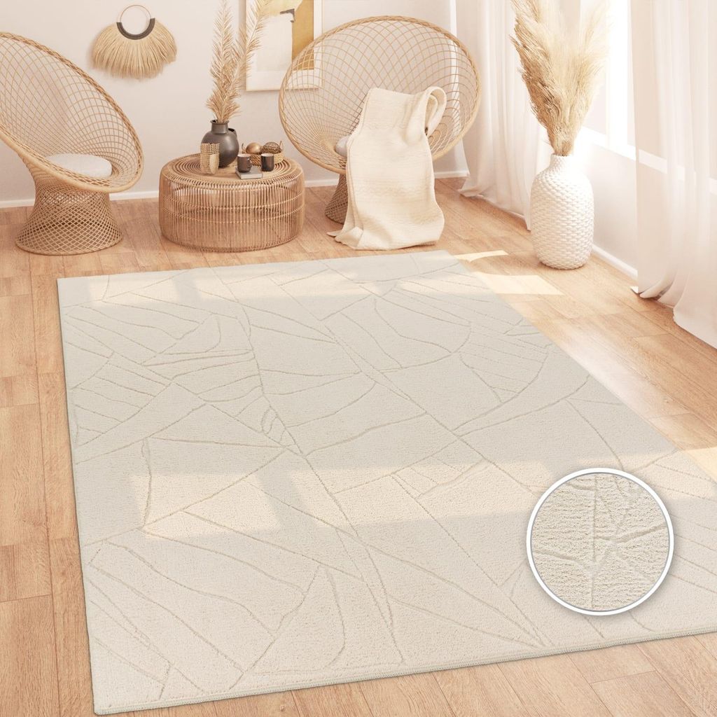 Teppich Kurzflor waschbar Struktur Wohnzimmer schmutzabweisend Creme Rechteckig 240x340 | 100% Polyester | Florhöhe: 12 mm