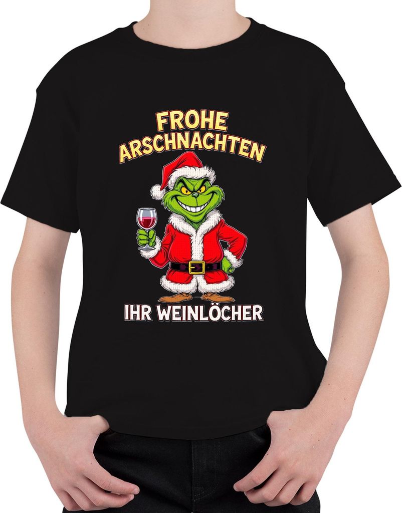 Frohe Arschnachten Weihnachtsgrinch Weinhumor Geschenk Weinparty Uni Kinder T-Shirt, Schwarz, 116