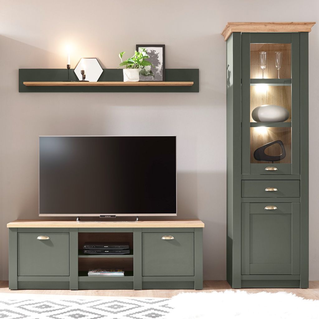 Landhaus Wohnwand Set CINCINNATI-61, grün mit Wotaneiche, inkl. Beleuchtung, B/H/T: 240/207/45cm