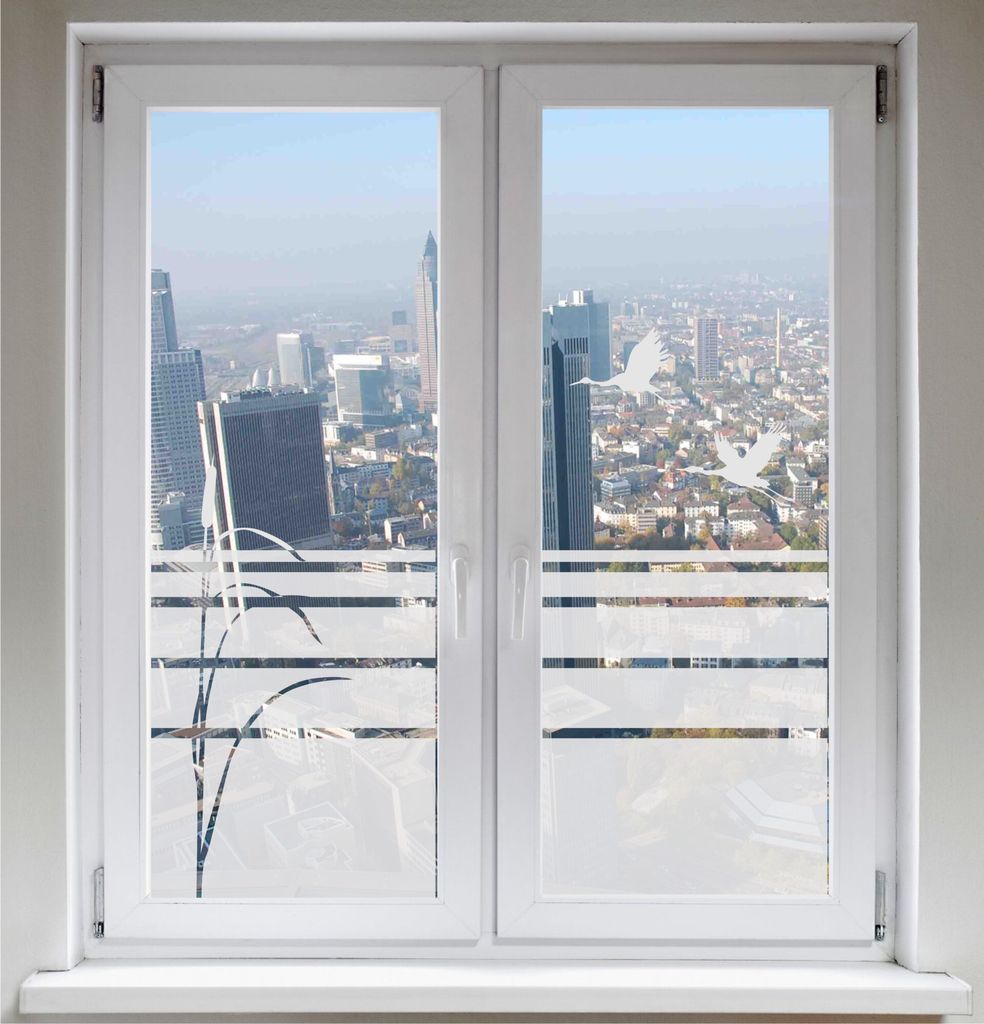 INDIGOS UG Fensterbild Glasdekorfolie Sichtschutzfolie Sonnenschutz Schilf Zugvögel Kranich satiniert blickdicht ORACAL - 1000mm Breite x 500mm ...