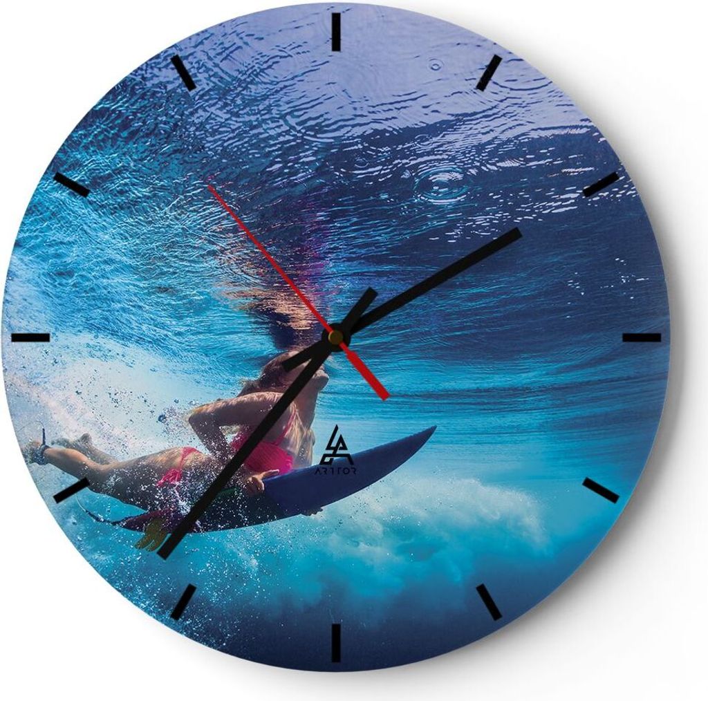 Wanduhr - Rund - Glasuhr - Surfen Frau Unterwasser - 30x30cm - Schleichendes Uhrwerk - Lautlos - zum Aufhängen bereit - Dekoration Modern - Wandde...