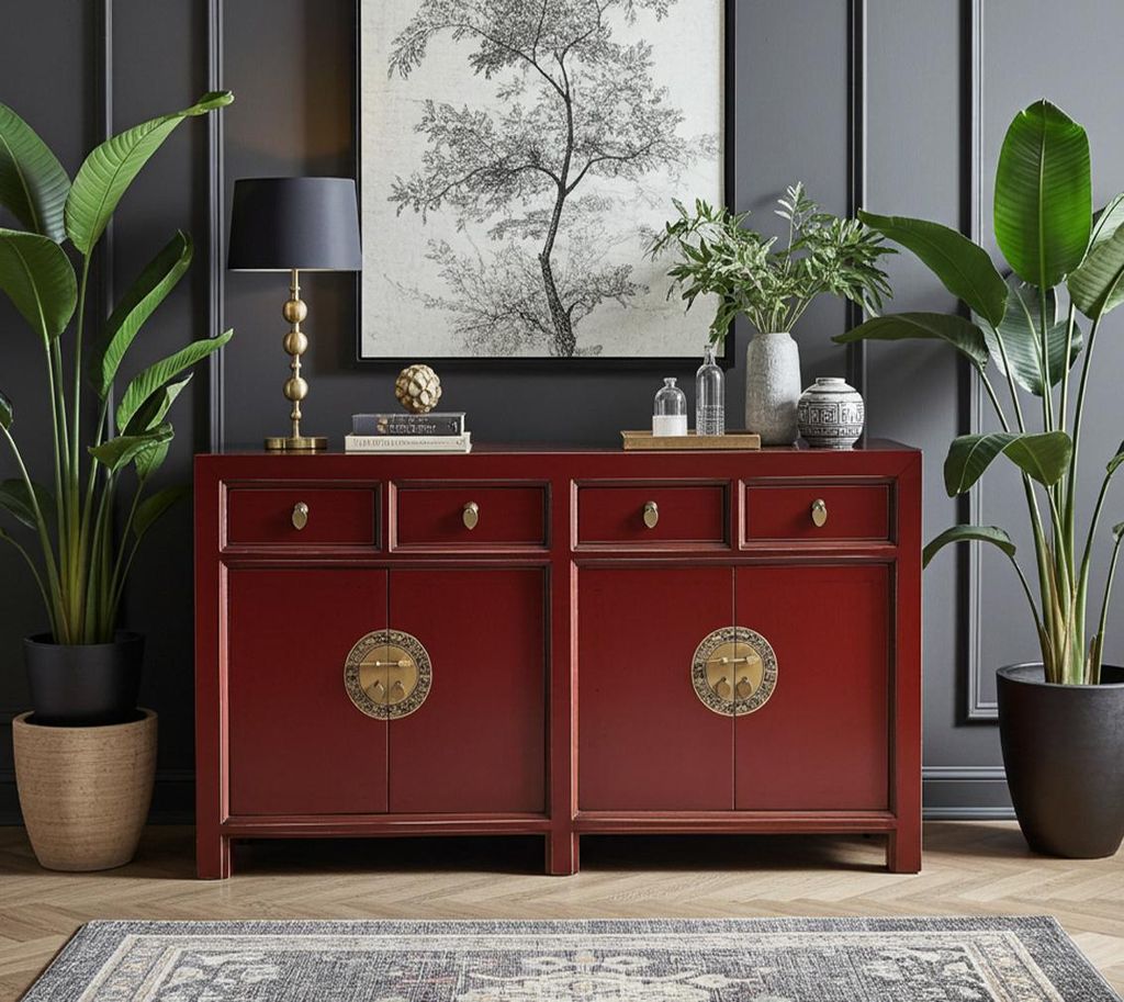 Sideboard Kommode Schrank Anrichte Büffet Asia Möbel aus Holz dunkel-rot scarlet-red chinesisch asiatisch orientalisch Vintage Stil komplett mont...