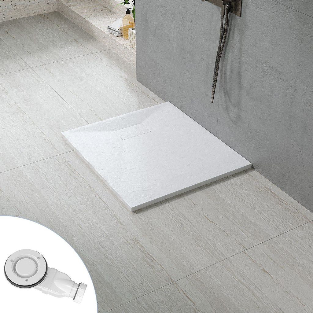 AQUALAVOS 90x80cm Rechteckige superflache SMC Duschtasse Antirutsch Weiß Steinoptik zuschneidbar bodenebene Montage Duschwanne mit Ablaufgarnitur