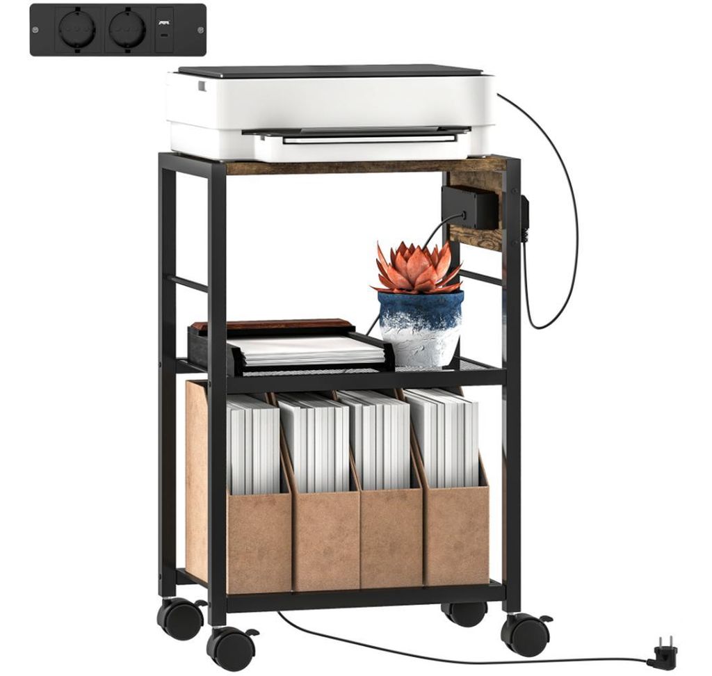 Kaffeetisch, Druckerständer Druckeregal mit Rollen, Sofatisch, Steckdosen, USB- und USB-C-Anschlüsse