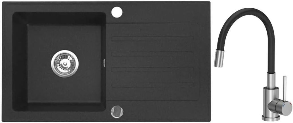 VBChome Granitspüle 76 x 44 cm Schwarz mit flexibler Armatur Einzelbecken Einbauspüle Reversibel Gesprenkelt Pflegeleichtes Spülbecken mit Siphon