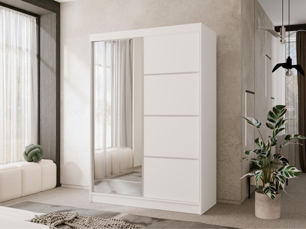 150 cm Schwebetürenschrank mit Spiegel und Sprossen Mabel, weißer Kleiderschrank mit Spiegel, Kleiderschrank mit dekorativen Fronten fürs Schlaf...