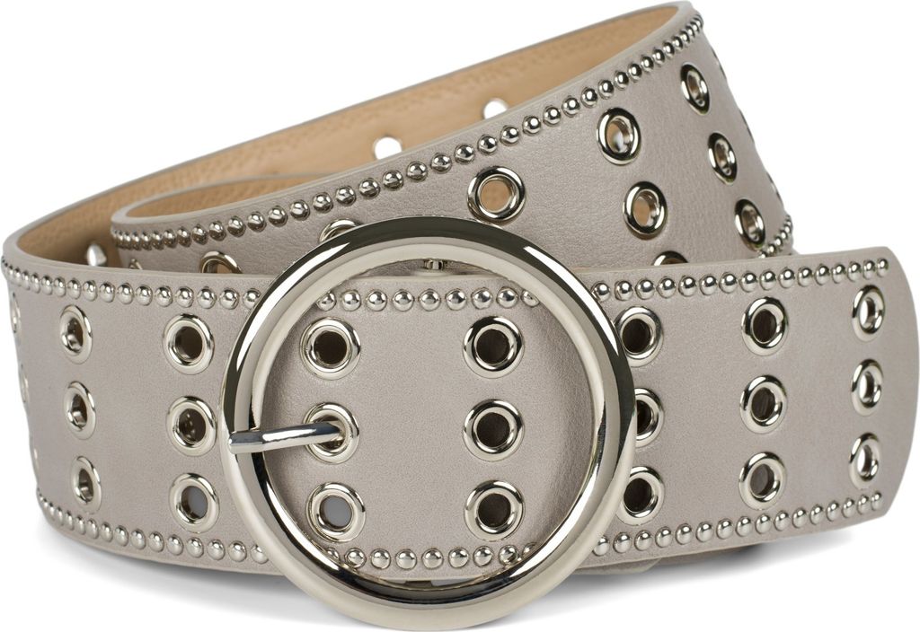 styleBREAKER Damen breiter Gürtel mit Lochnieten und runder Schließe, Nietengürtel, Taillengürtel, kürzbar 03010122