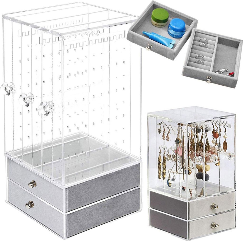 A collage of acrylic jewelry organizers with velvet drawers, displaying various types of jewelry.