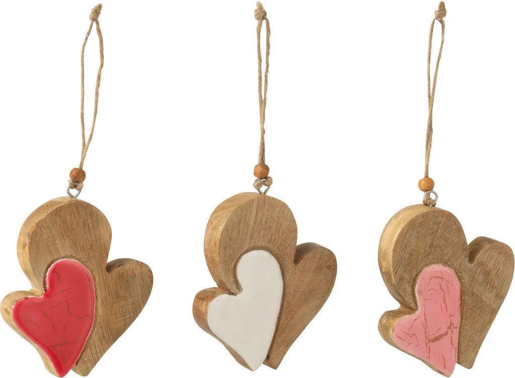 Lot de 3 Statuettes Cœurs en Bois de Mangue J-Line pour Décoration