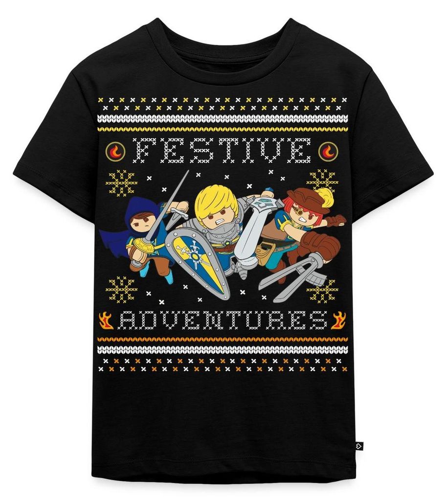 Spreadshirt PLAYMOBIL Novelmore Abenteuer Ugly Christmas Kinder Premium T-Shirt, 98/104 (2 Jahre), Schwarz